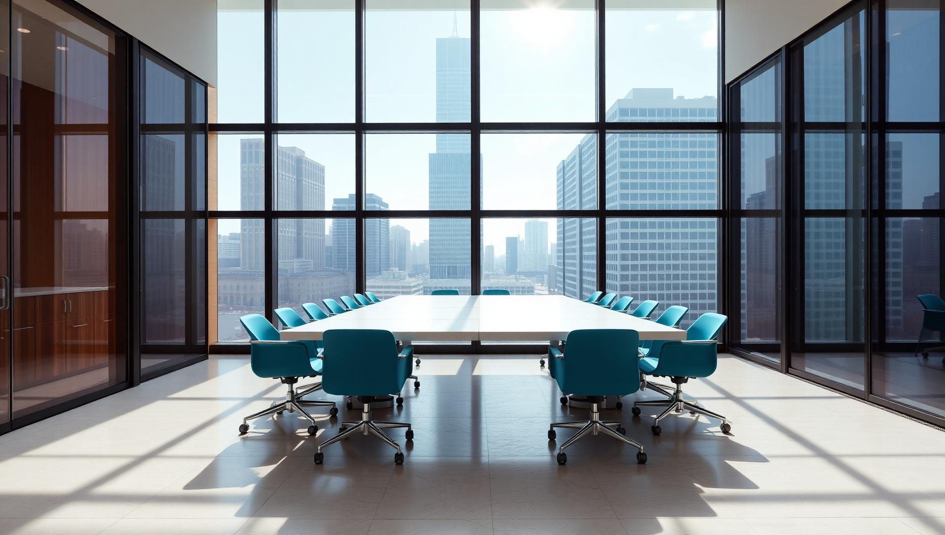 Bright glass-walled meeting room with a long table and teal chairs