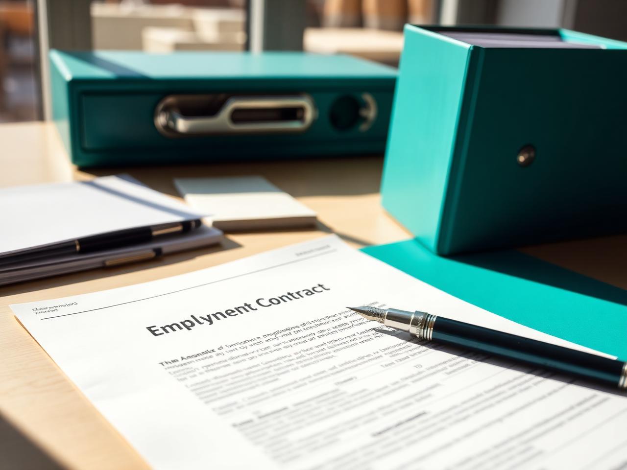Printed employment contract with a fountain pen and teal folder on a bright desk