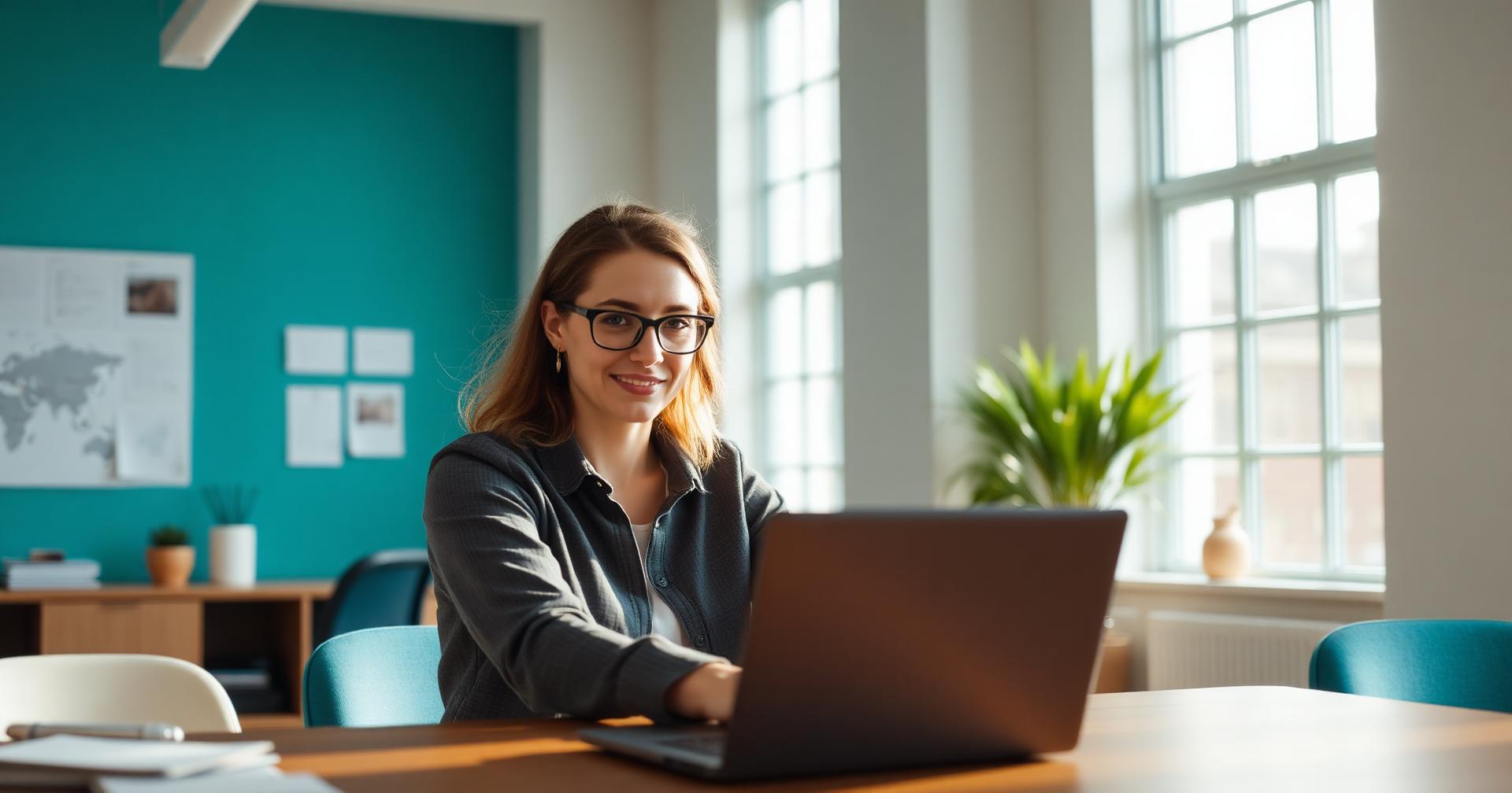 Business owner working at a laptop in a sunlit modern workspace