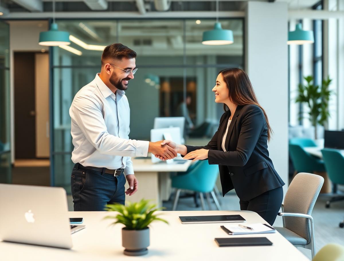 Hiring manager and new employee shaking hands across a desk