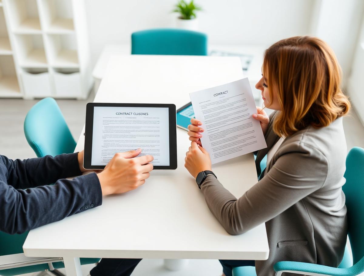 Two people reviewing contract clauses on a tablet and paper