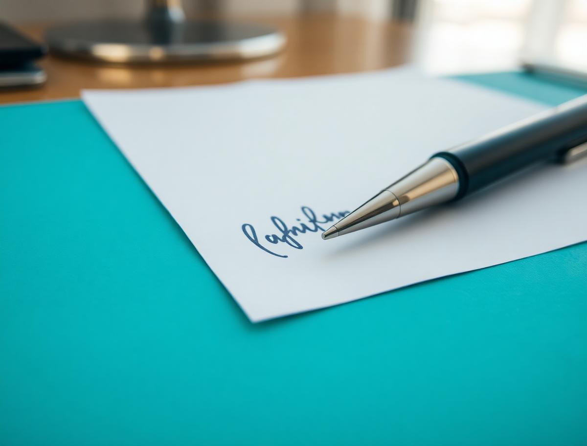 Signature line on a document with a silver pen on a teal desk mat