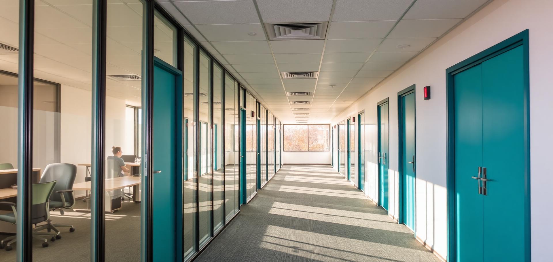 Bright modern office corridor with glass offices and teal doors