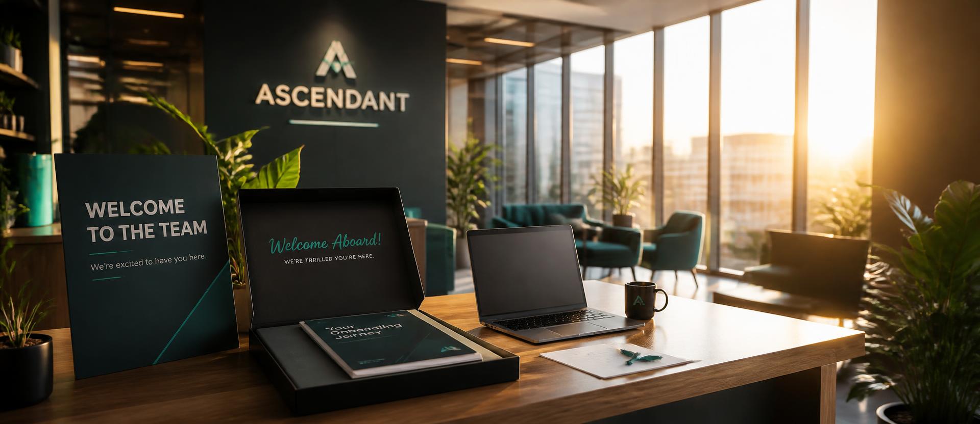 Modern office reception at golden hour with a new hire welcome desk and onboarding folder