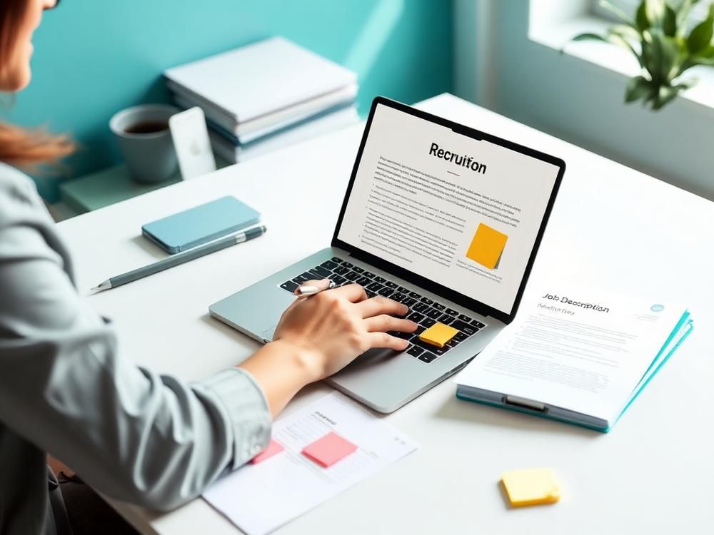Recruiter drafting a job description at a bright desk