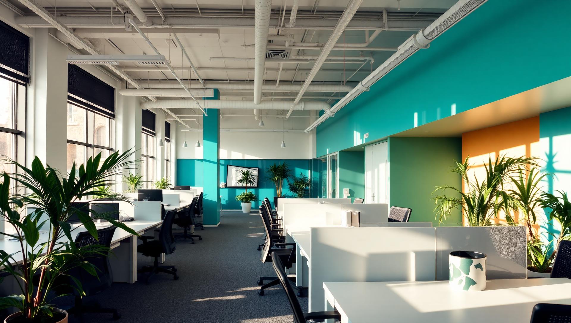 Bright modern open-plan HR department office with teal accent walls