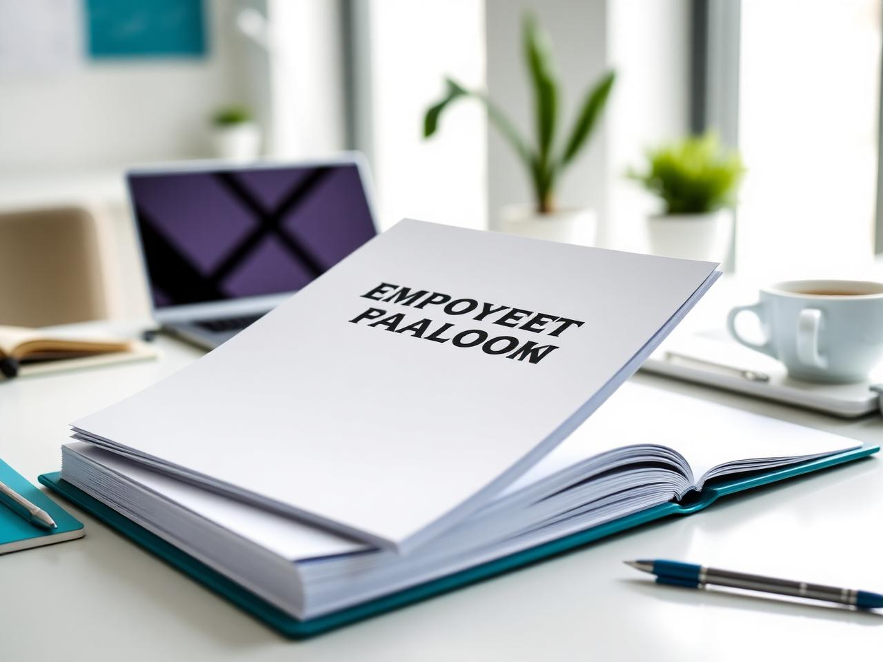 Printed employee handbook with teal tabs open on a bright HR office desk
