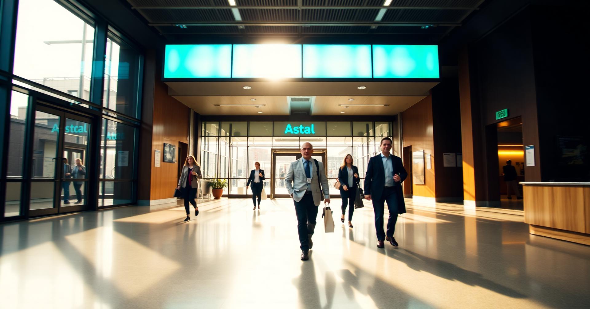 Employees arriving in a bright modern office lobby in the morning