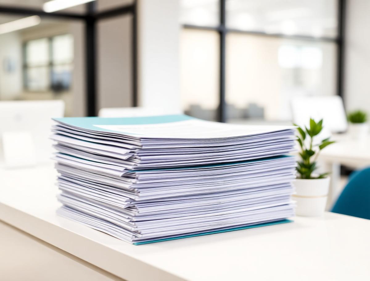 Stack of printed company policy documents in teal folders on an office counter
