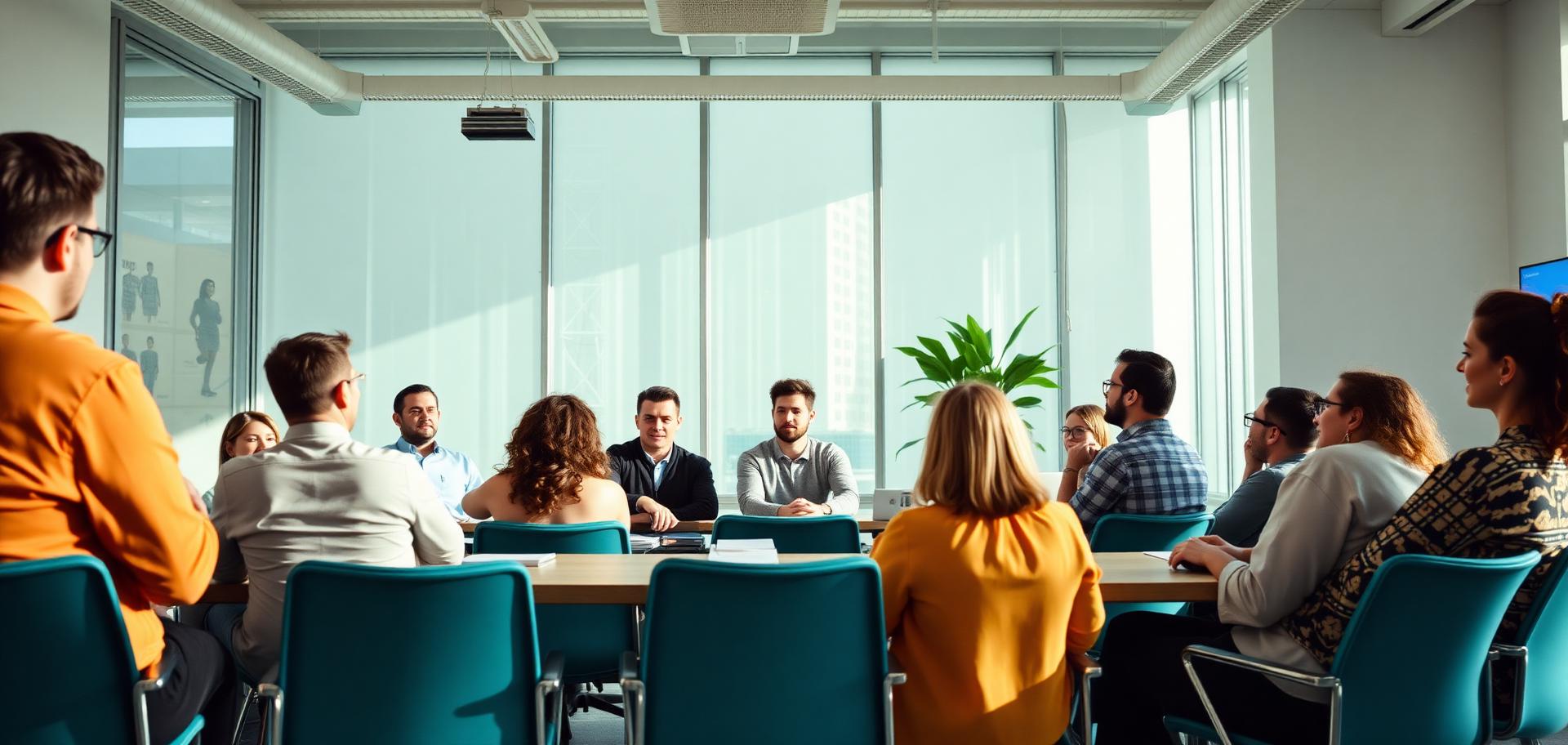 Diverse team listening at an all-hands meeting in a bright modern office