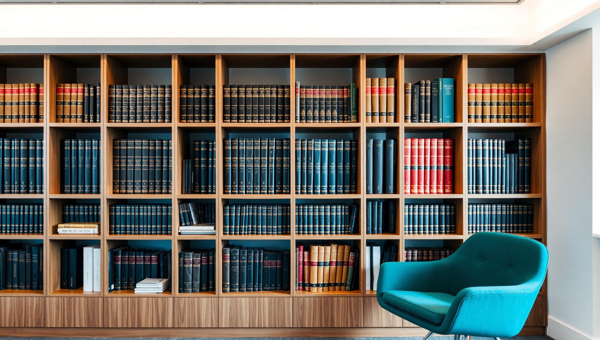 Wall of legal volumes with a teal accent chair in a bright professional interior