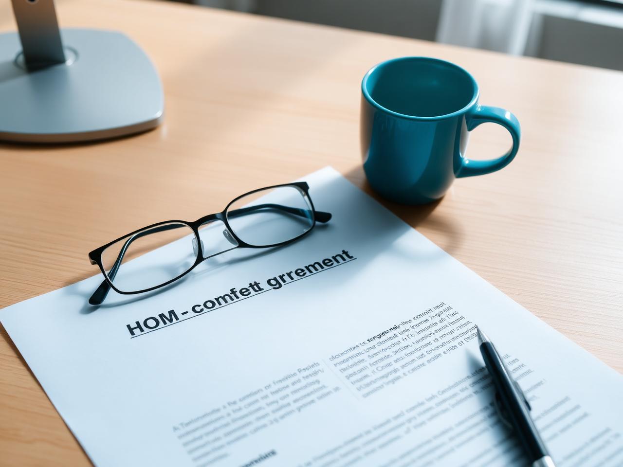 Non-compete agreement document beside reading glasses and a teal mug