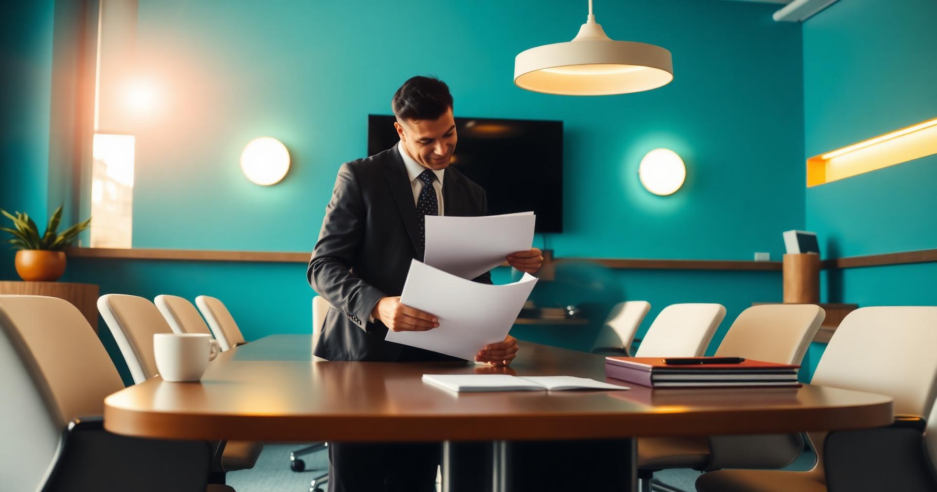 Two professionals concluding a meeting with documents in a teal conference room