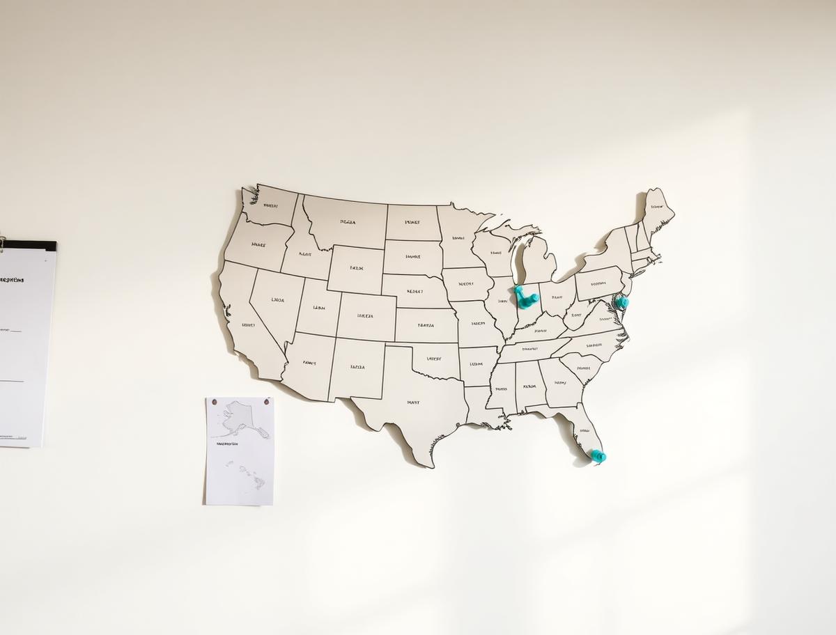 US state map on an office wall with teal pushpins