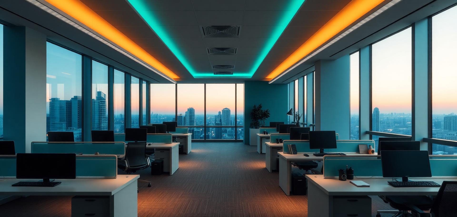 Calm modern office at dusk with teal lighting and a city view