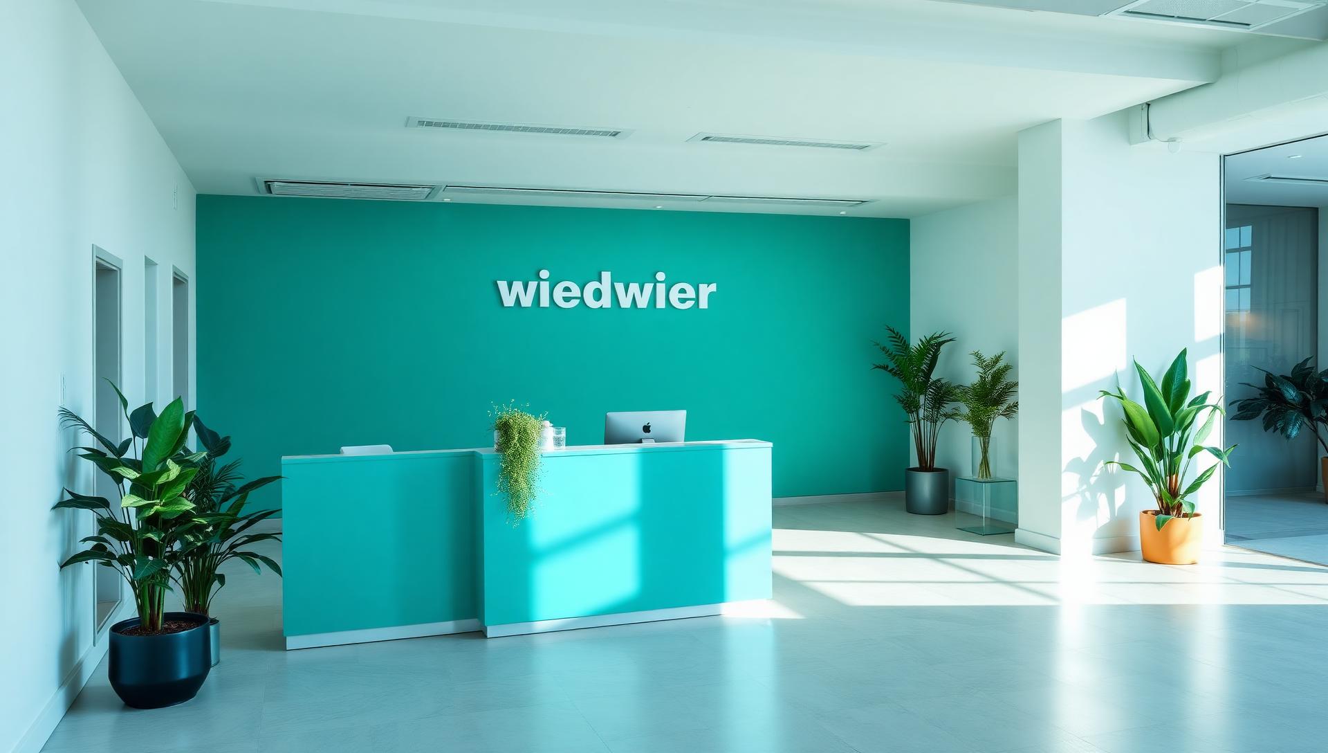 Bright welcoming office reception with a teal branding wall and plants