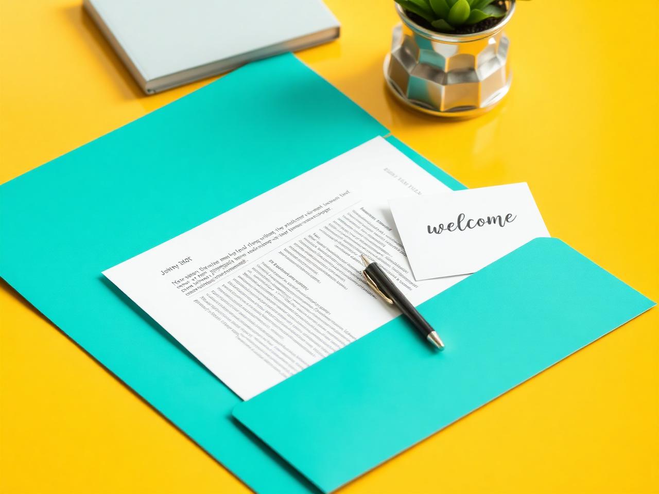 Printed job offer letter in a teal folder with a welcome card and pen