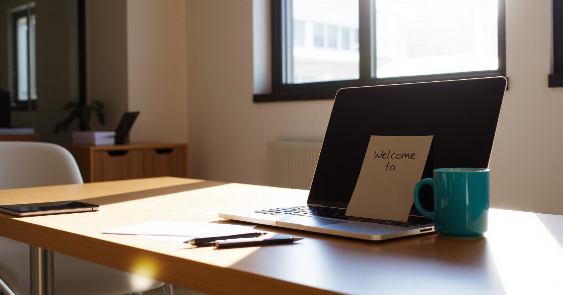 First-day desk setup with a laptop, teal mug and welcome note by a window