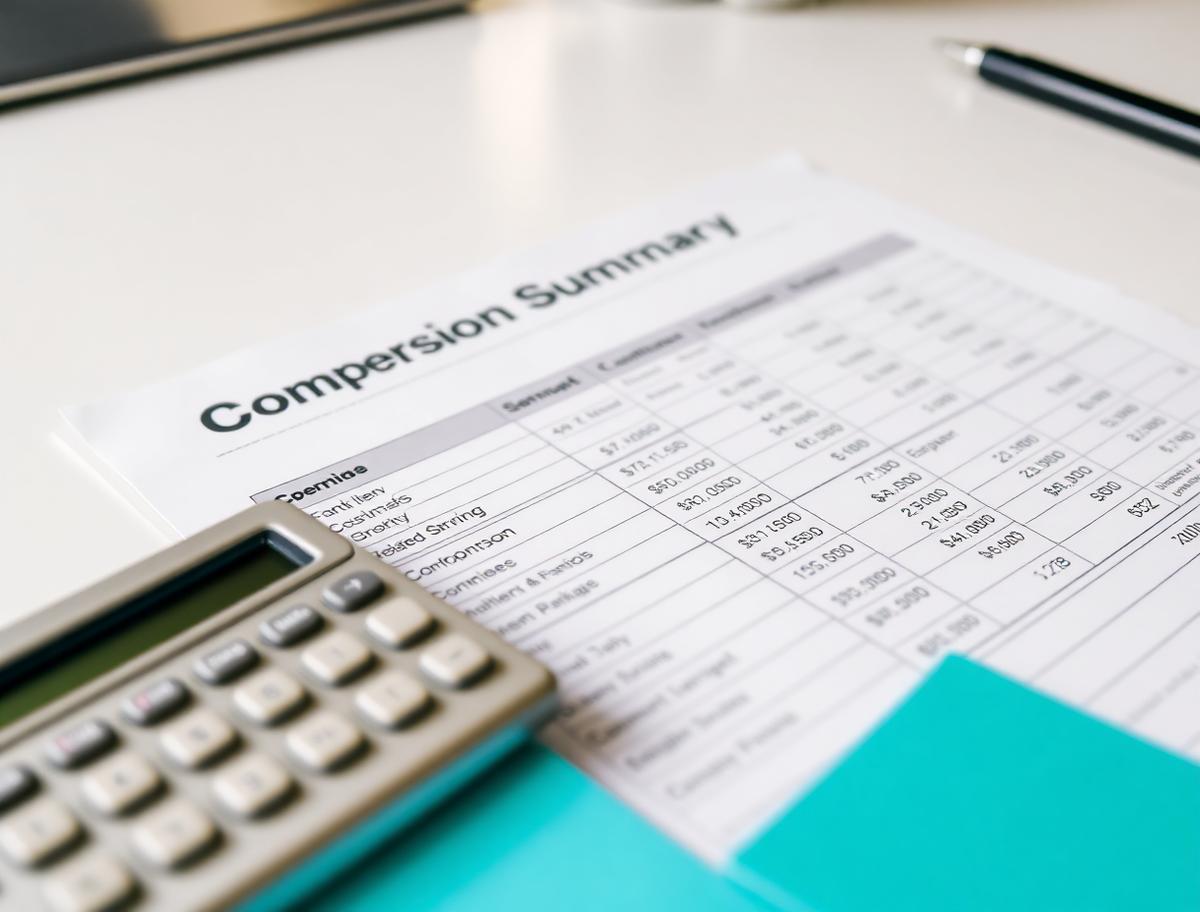 Compensation summary sheet with a calculator and teal sticky notes