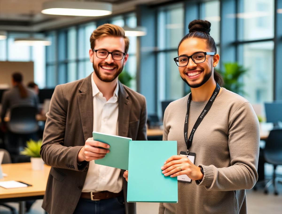 New hire receiving a welcome kit with a teal notebook and badge