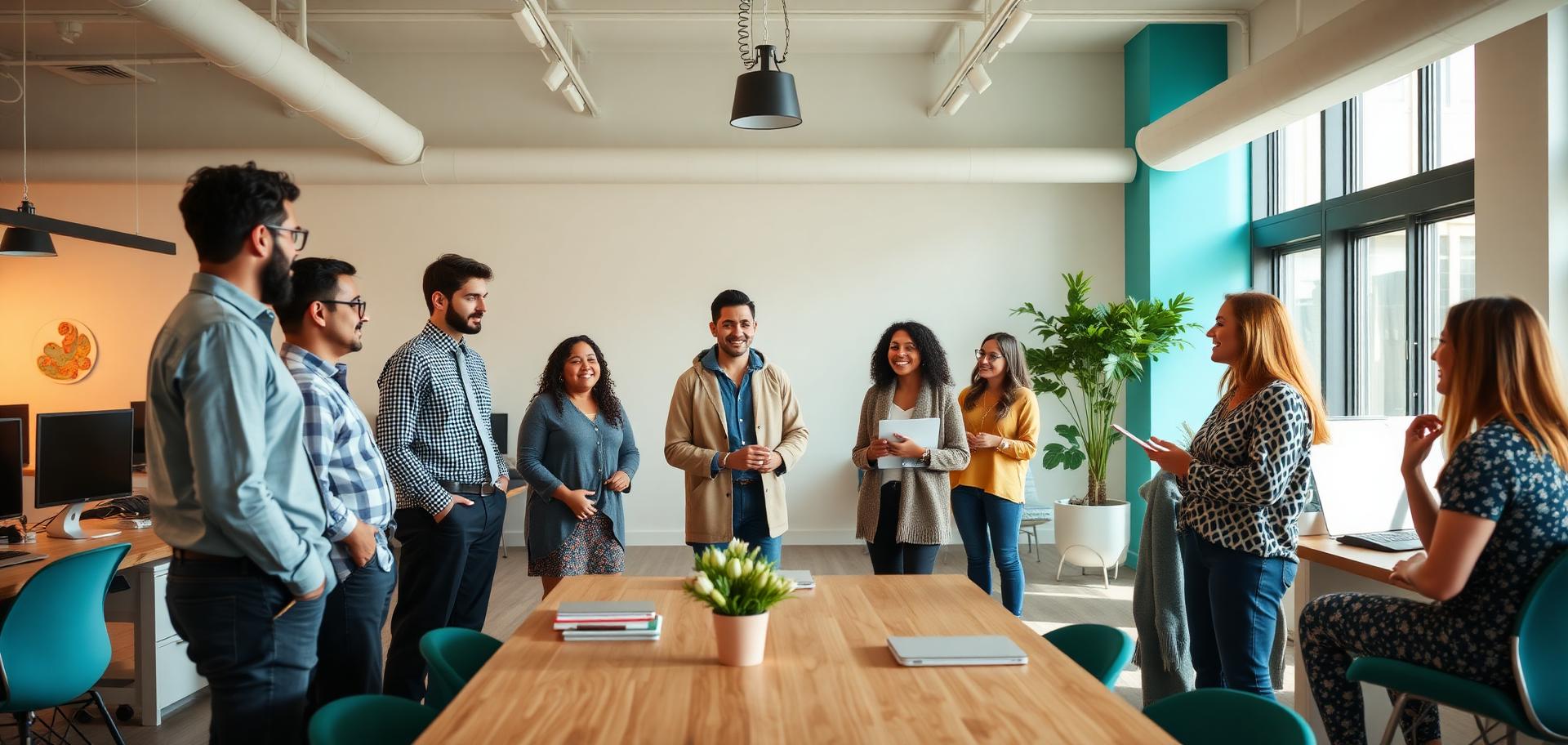 Team welcoming a new colleague in a bright open office