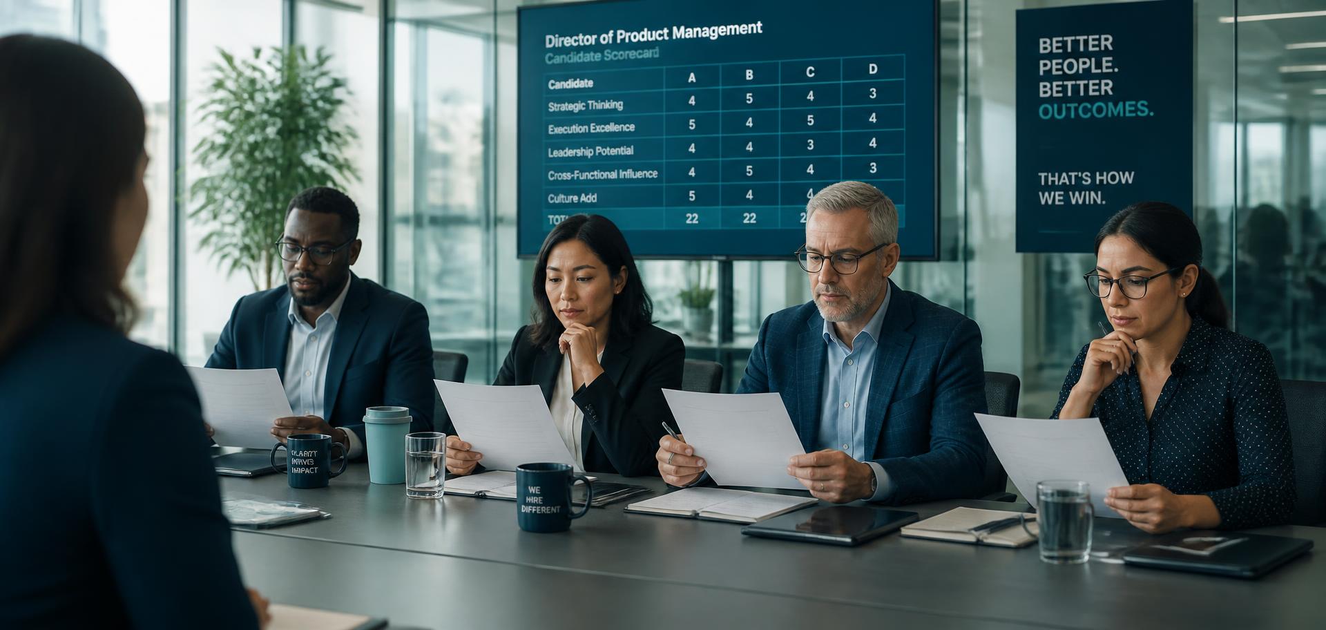 Hiring panel reviewing candidate scorecards in a bright glass meeting room