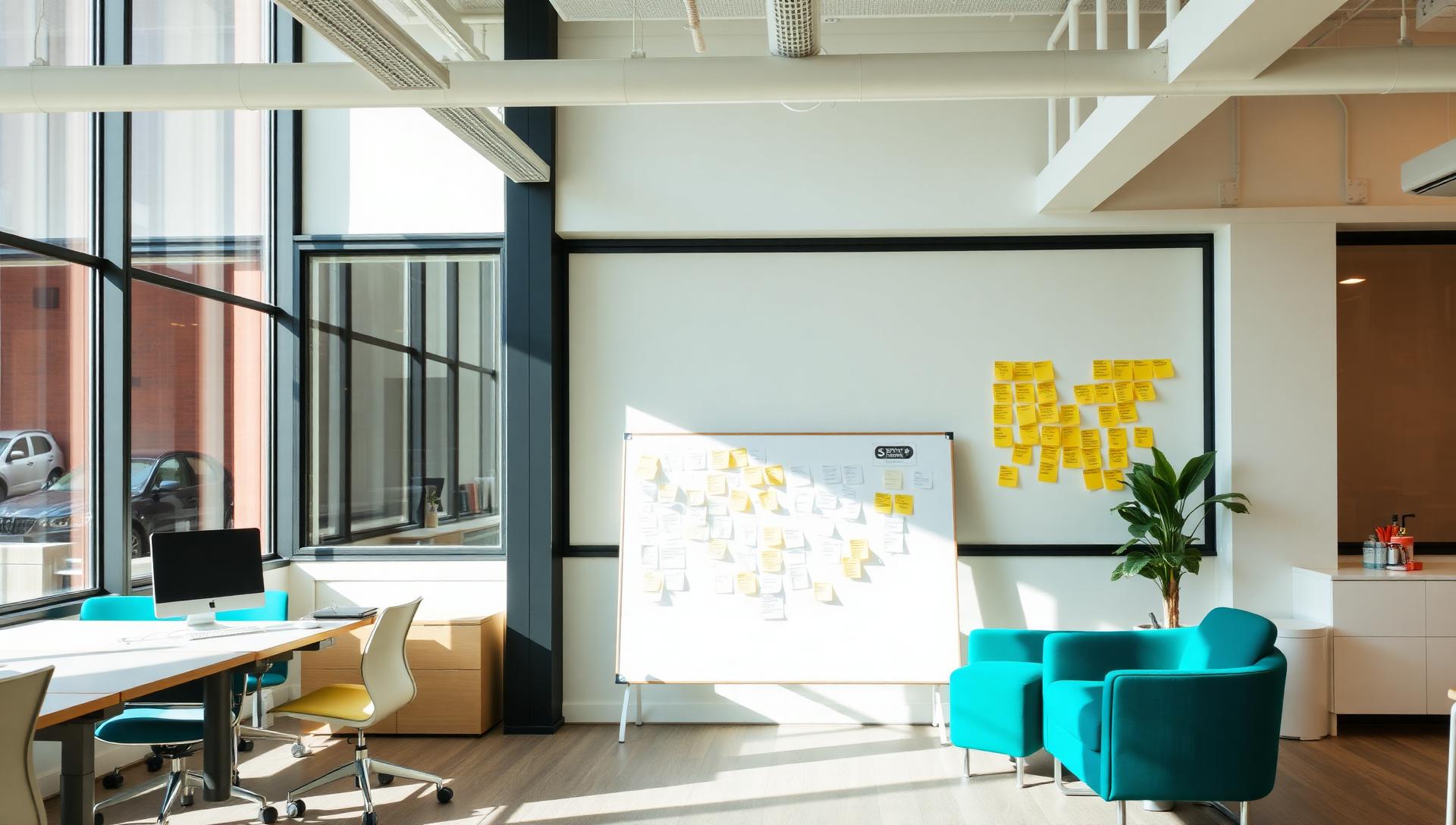 Bright talent acquisition workspace with teal furniture and a sticky-note board