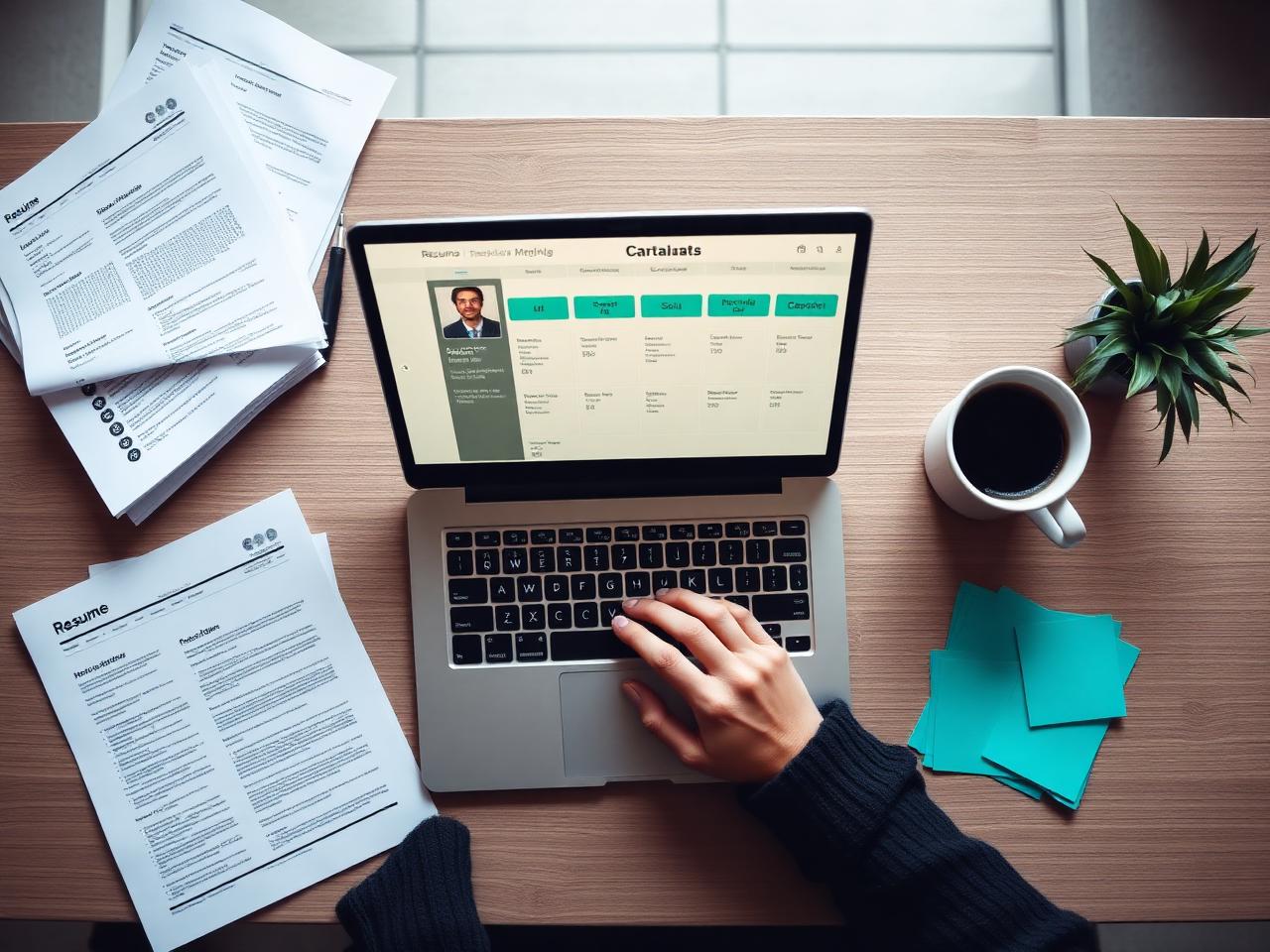 Recruiter's desk with resumes, a laptop pipeline view and teal sticky notes