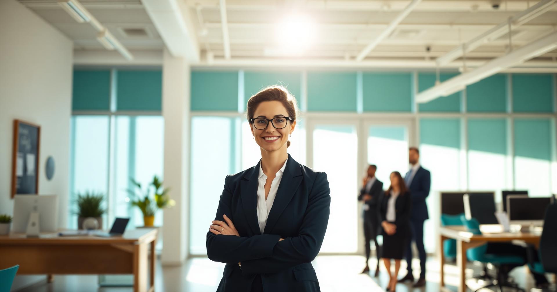 Confident HR leader standing in a sunlit modern office