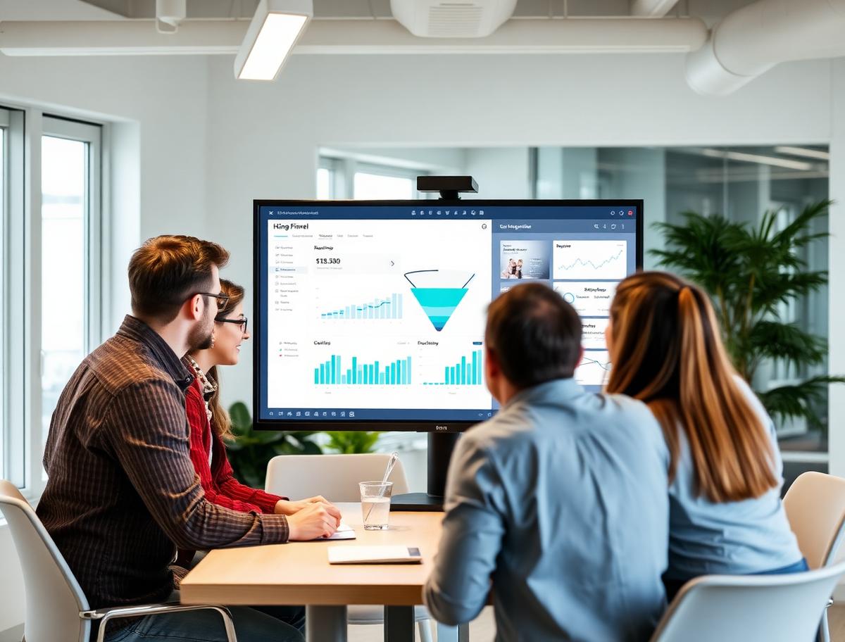 Team reviewing a hiring funnel dashboard on a large monitor
