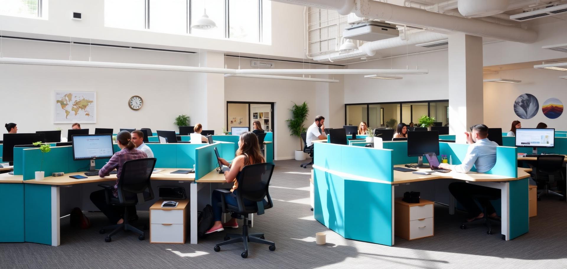 Busy bright recruiting office with people collaborating at teal desks