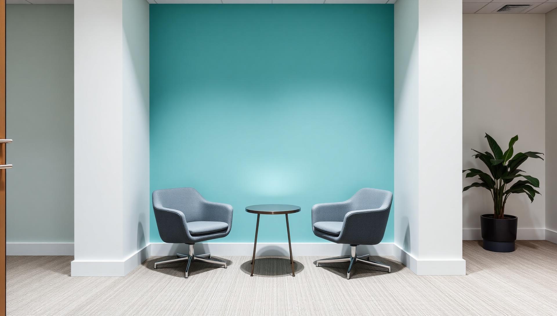 Quiet private meeting room with two chairs and a teal wall