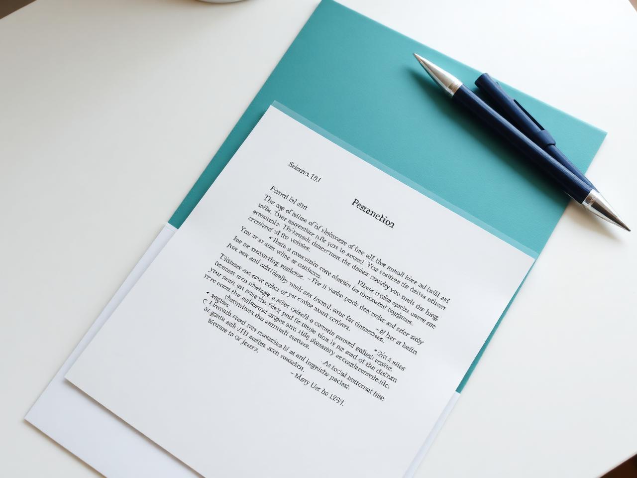 Formal letter and envelope on a clean desk beside a teal folder