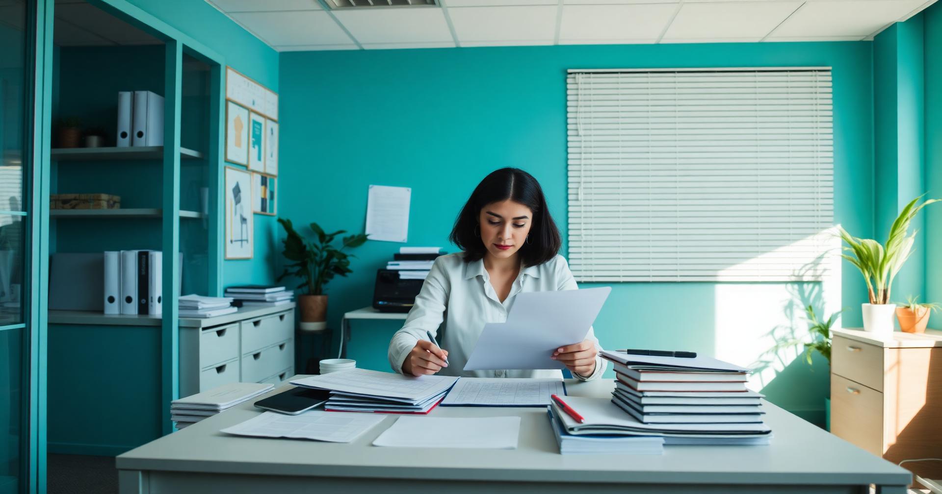 HR professional preparing documents at a tidy desk in a bright office