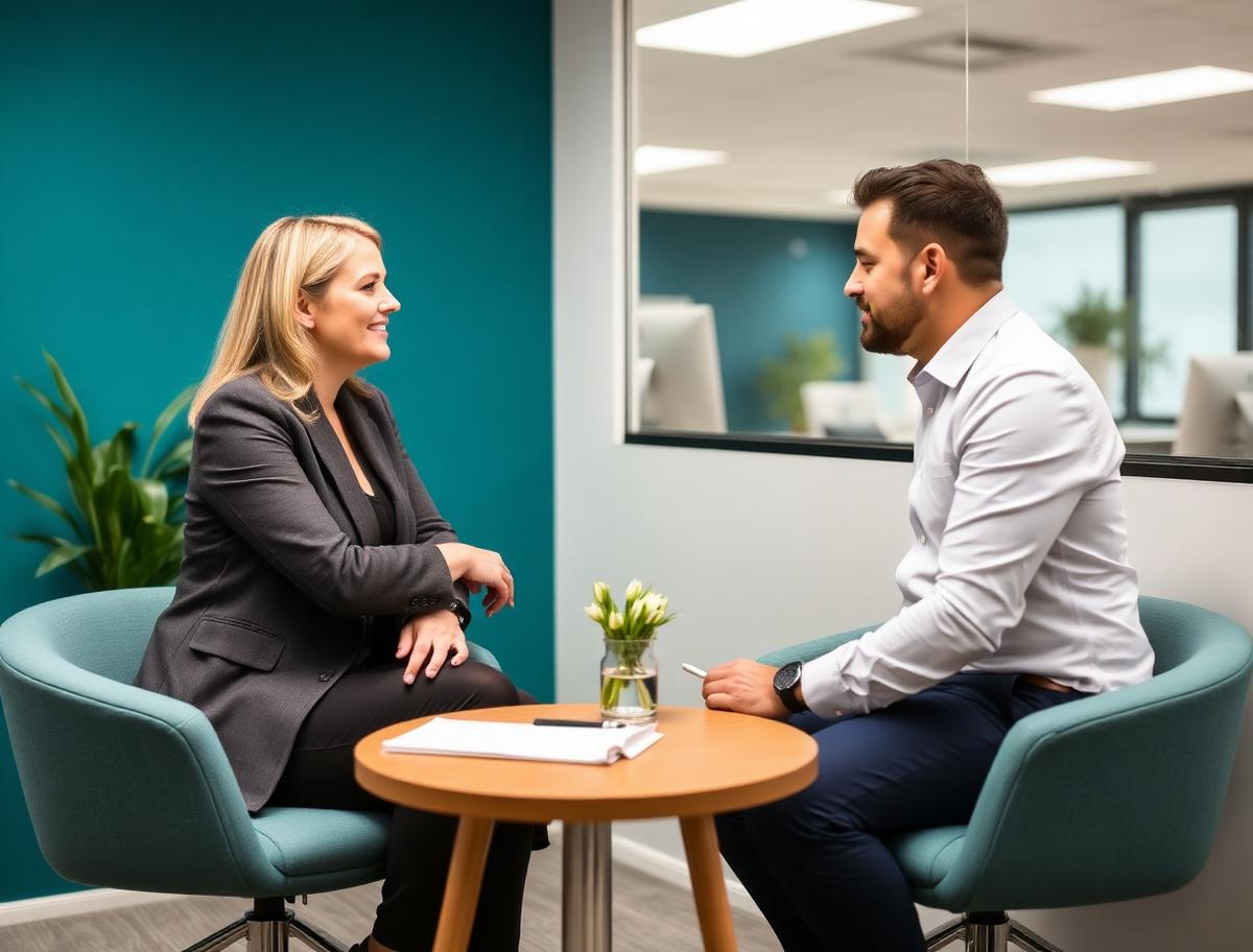 Two professionals having a calm private conversation across a small table