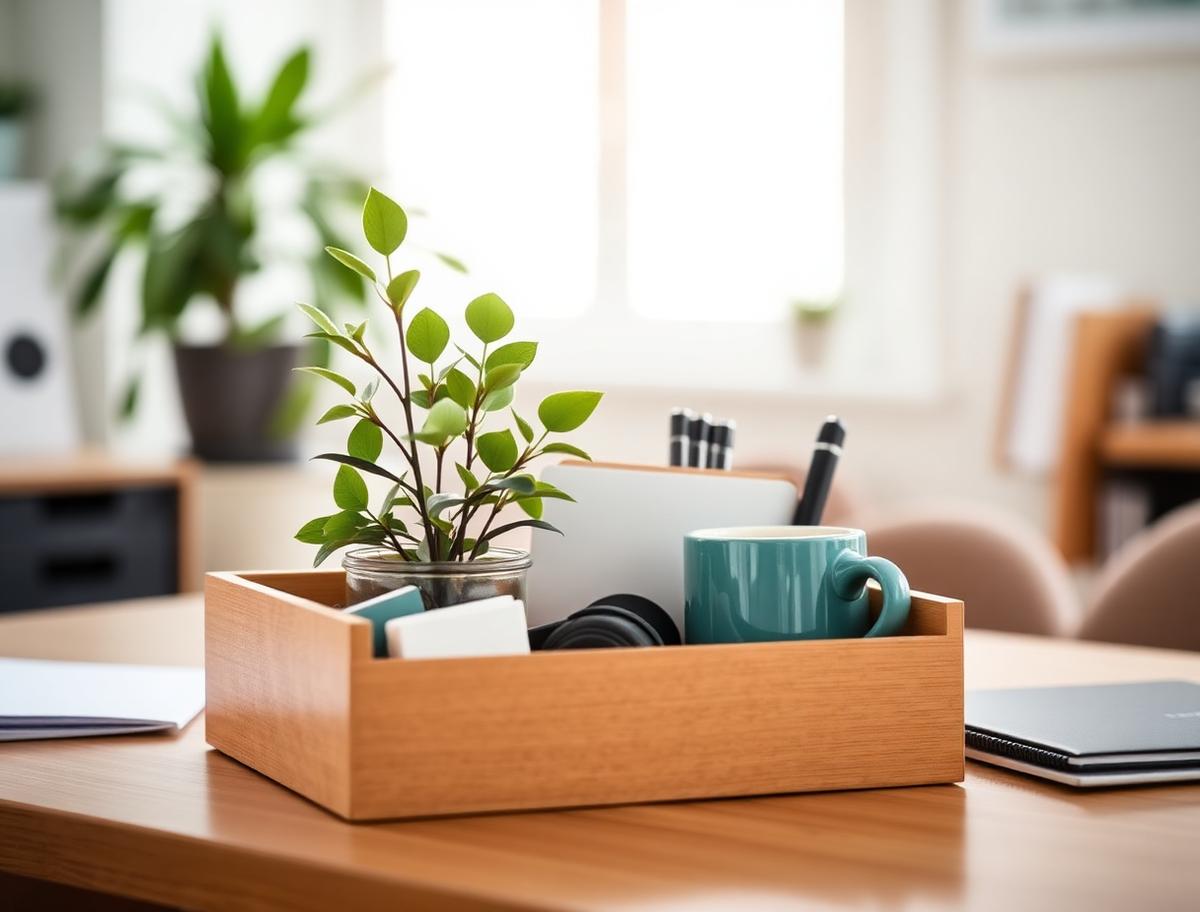 Personal desk items packed neatly in a box with a plant and a teal mug