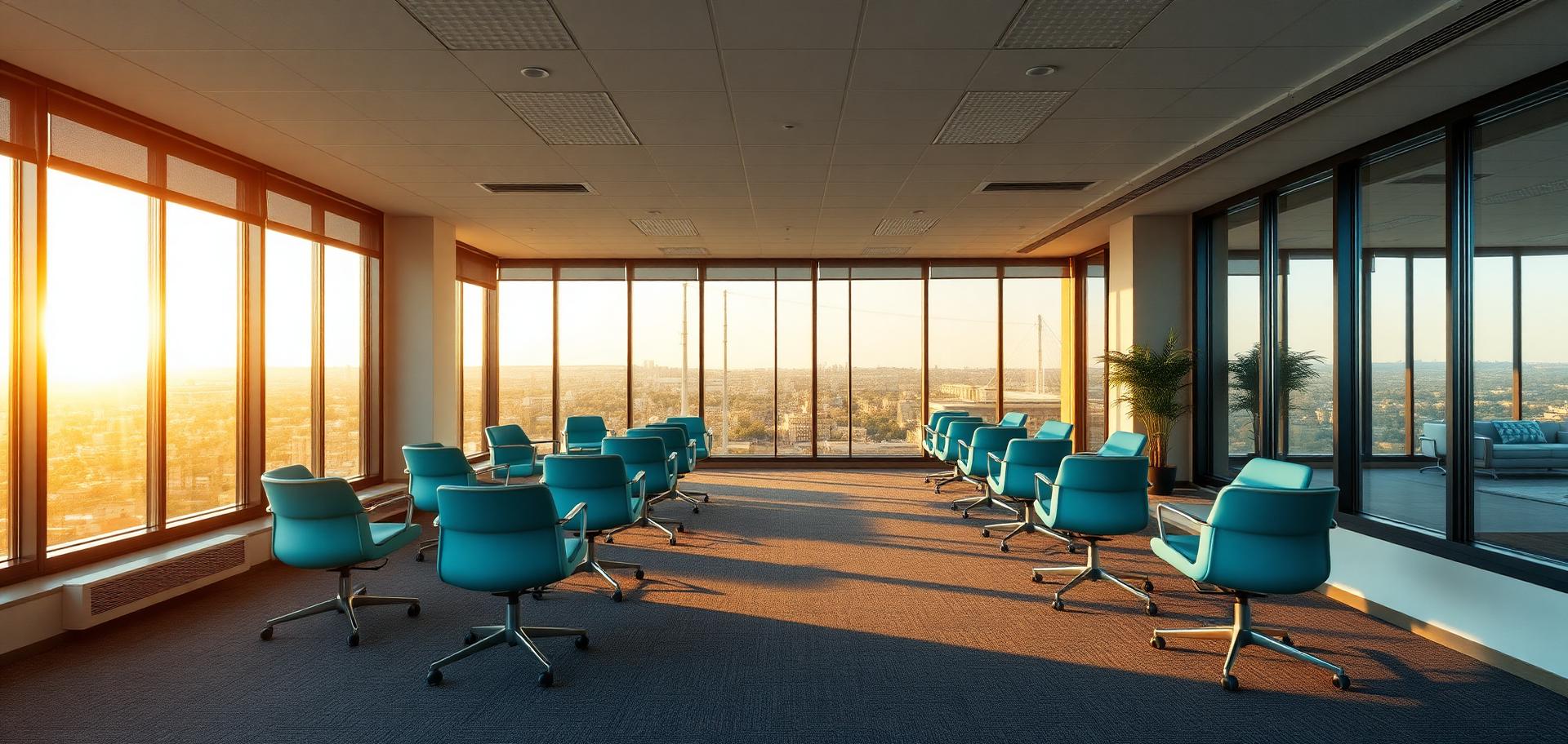 Calm empty office meeting space at golden hour with teal chairs
